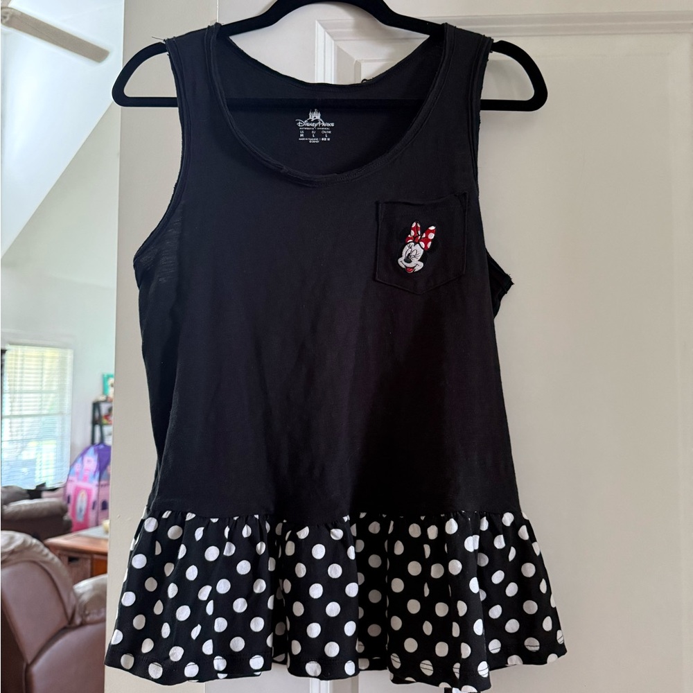 Disney World Black Tank Top with Polka Dot Ruffle and Minnie Mouse Patch Size L